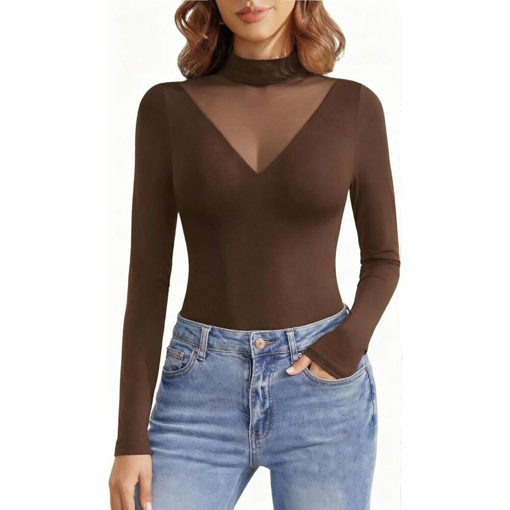 Women's Brown Long Sleeve Mock Turtleneck Double Lined Leotard Tops Bodysuits
